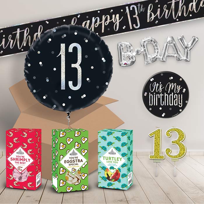 13th Birthday in a Box Package includes Sweets, Black and Gold Balloon and Decorations image 2